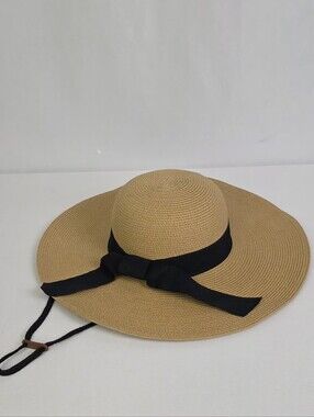 Women's Furtalk.Tan Straw Wide Rim with Black.Ribbon Sun Hat Size M/L NEW